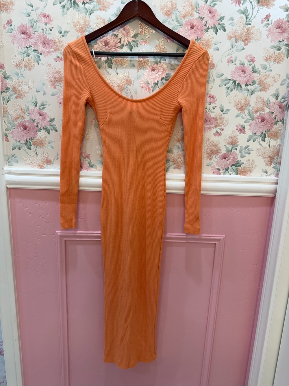 JLUXLABEL Ribbed Long-Sleeve Midi Dress in Orange